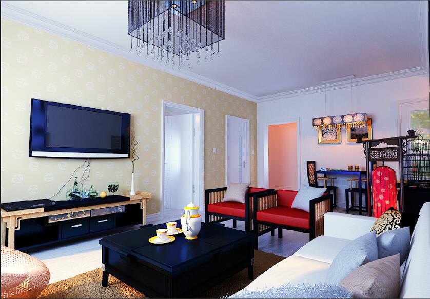 开封龙亭·新都汇长方形混搭风格客厅红色木质沙发椅黄色客厅壁纸鸟笼灯效